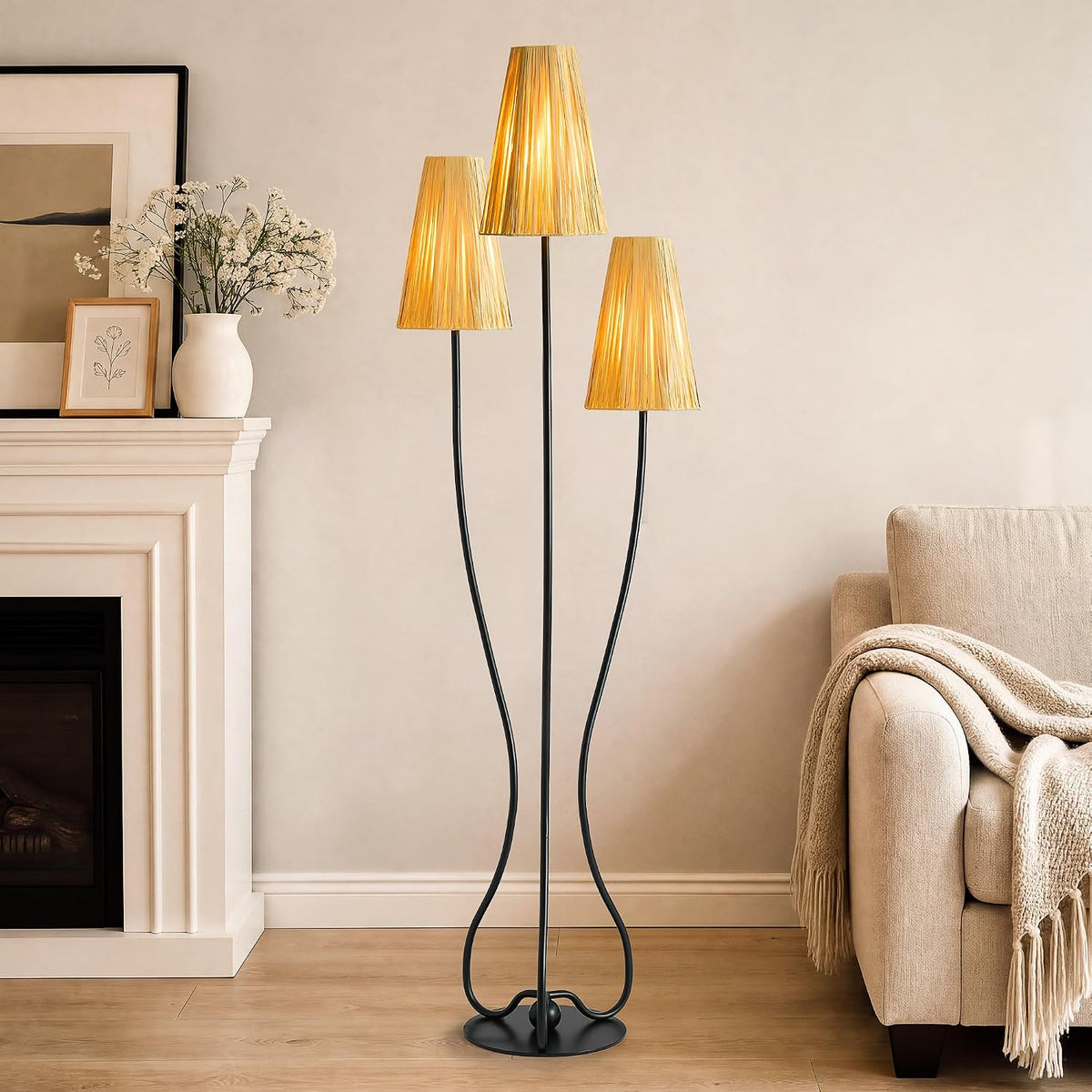 Sculptural Vintage Raffia Floor Lamp — 3 LED Bulbs Included — detail 4