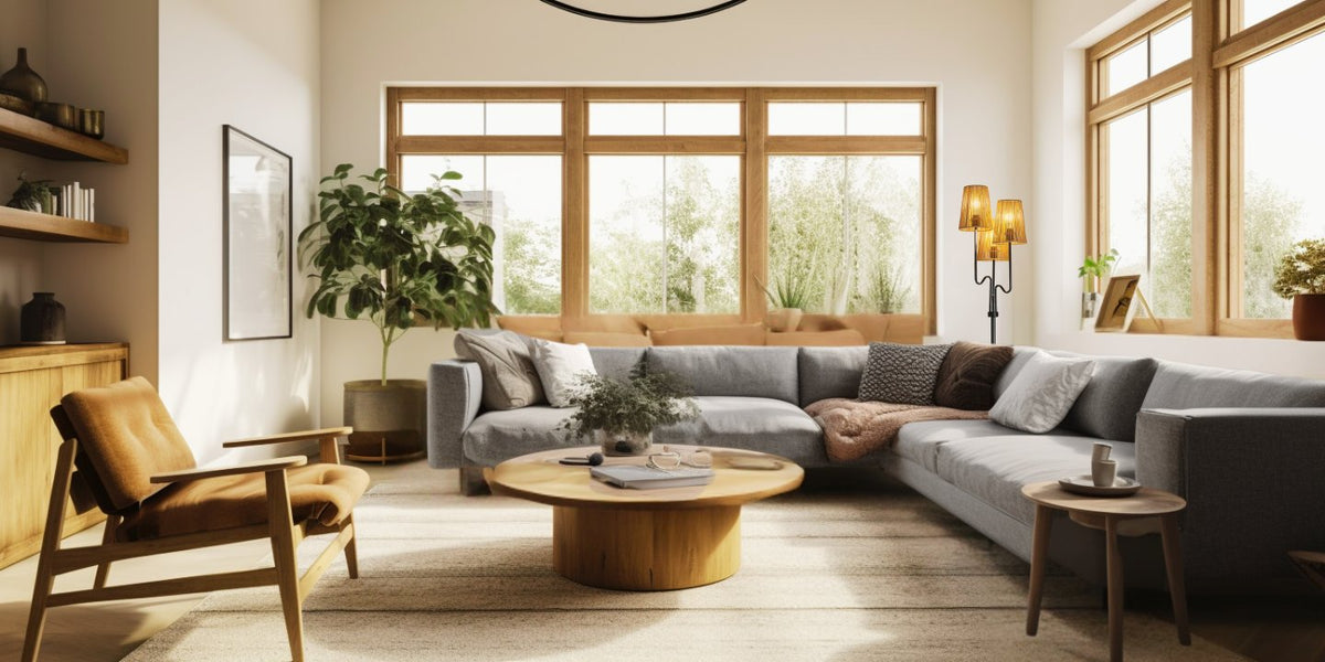 Floor lighting in a warm, contemporary living room