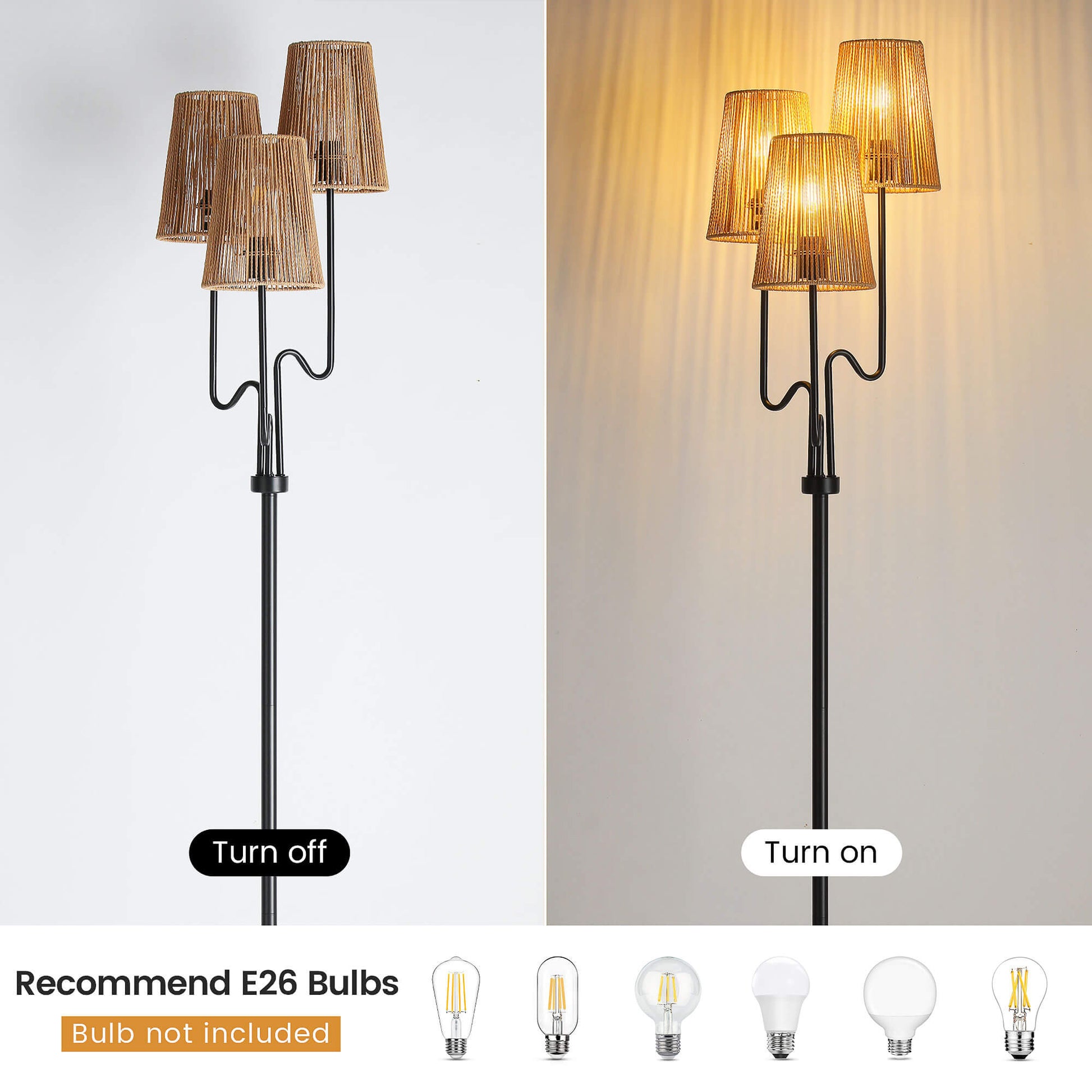 LUSTORM 61" Wicker Floor Lamp With Rattan Shade - Adjustable Height Boho Standing Lamp For Living Room & Bedroom