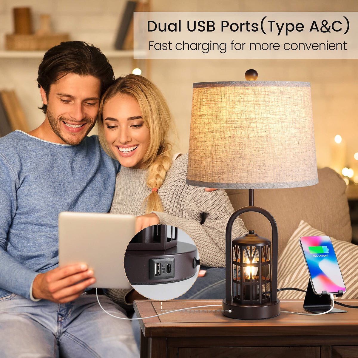 Set Of 2 Farmhouse Metal Bedside Table Lamps With Dual USB Ports & Motion Sensor